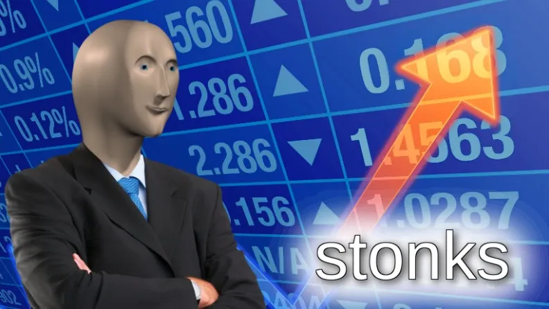 The original Stonks meme showing Meme Man standing in front of a stock market chart with the word STONKS