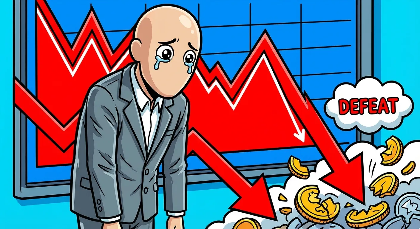 Cartoon illustration of Meme Man in a business suit looking defeated in front of a crashing red stock market chart, depicting the Not Stonks meme