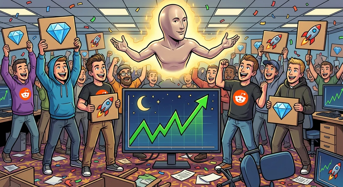 Cartoon illustration of excited WallStreetBets Reddit users holding diamond hand and rocket emoji signs, staring at a stock chart rocketing upward with Meme Man floating above them