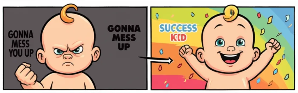 Cartoon illustration showing the evolution of Success Kid from threatening 'gonna mess you up' baby to triumphant 'success' baby with confetti