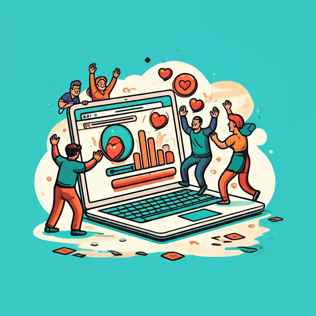 Cartoon illustration of an internet community rallying around a laptop showing a crowdfunding campaign, with donation notifications and heart emojis
