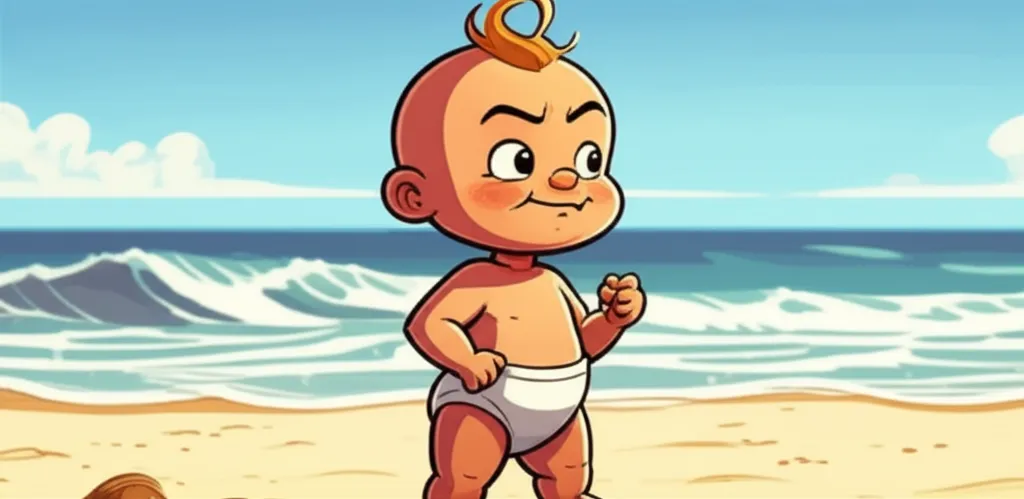 Cartoon illustration of the Success Kid meme — a determined baby on a beach clenching his fist with a smug triumphant expression