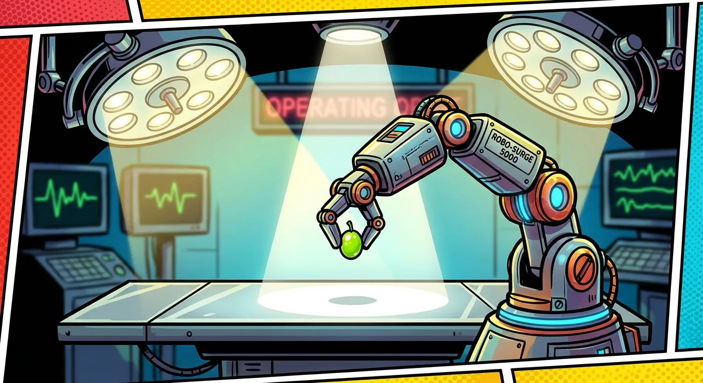 Cartoon illustration of a robotic surgical arm with multiple articulated instruments delicately peeling a green grape on an operating table under dramatic surgical lighting