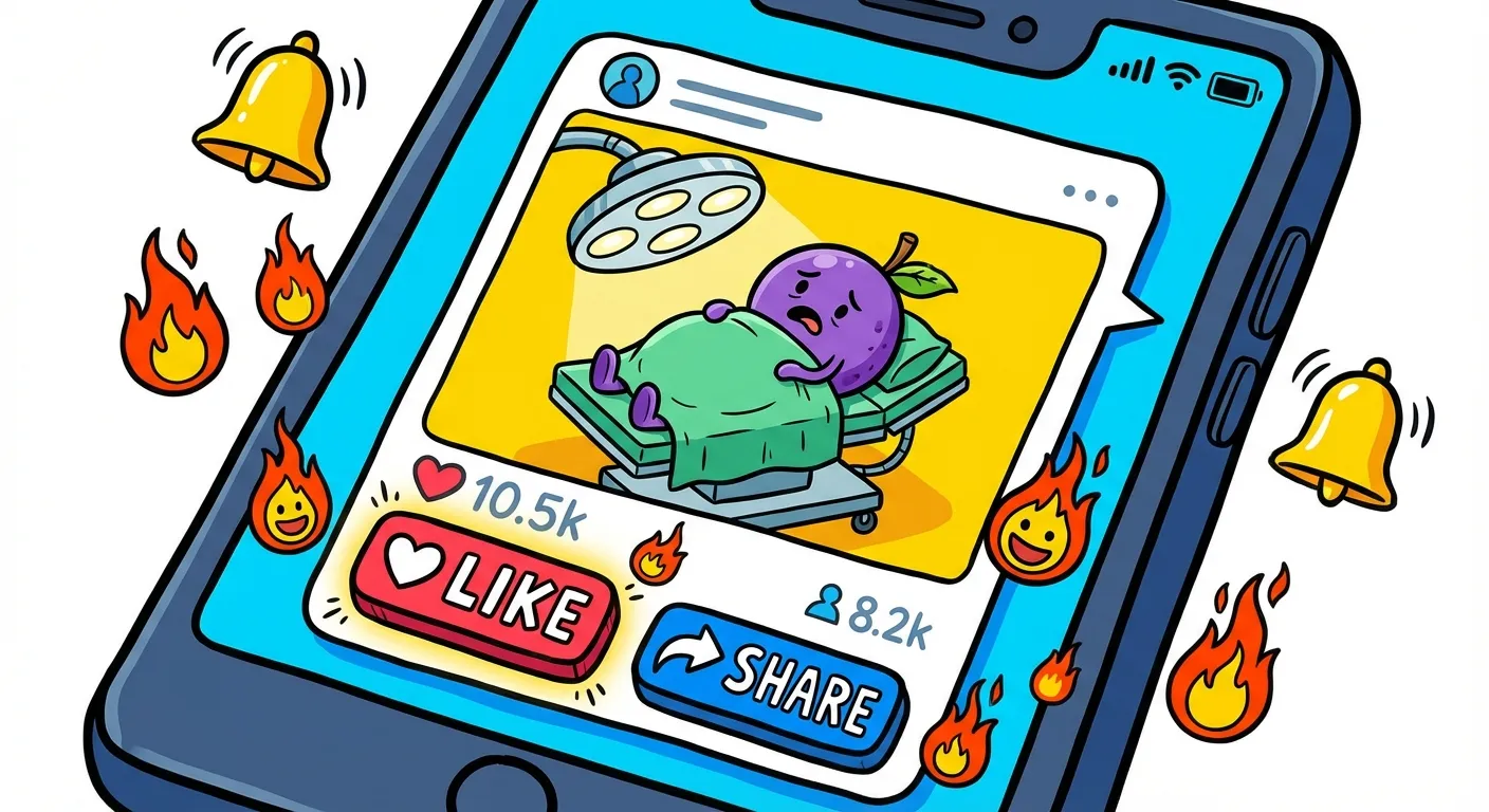 Cartoon illustration of a smartphone screen showing a social media post going viral with thousands of likes and notification bells, the post showing a grape on a surgical table
