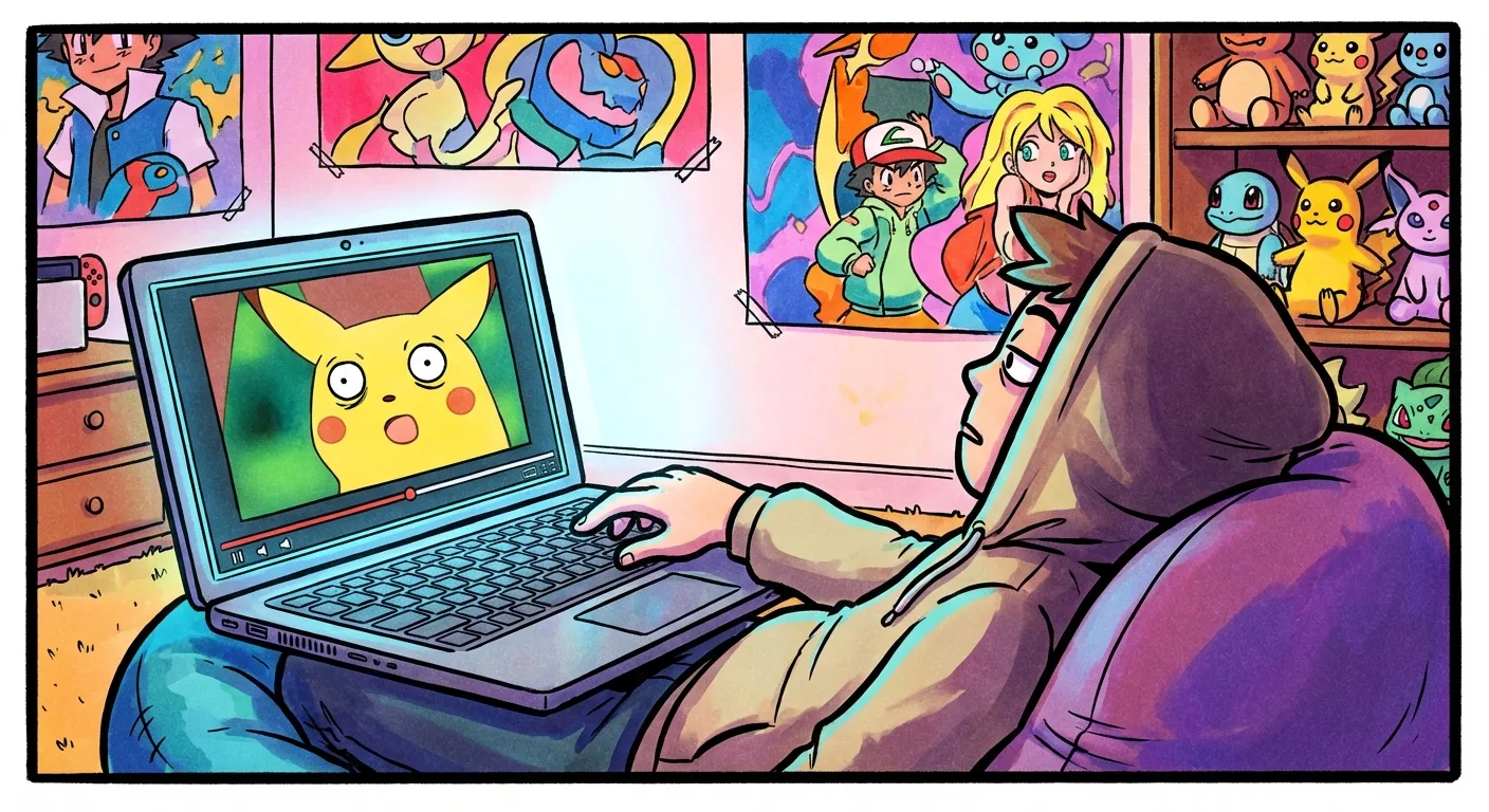 Cartoon illustration of a person rewatching Pokémon anime on a laptop and pausing to screenshot Pikachu's surprised face, representing how the meme was discovered