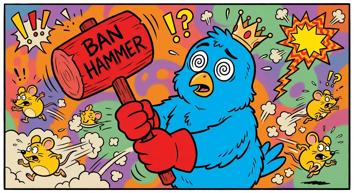 Cartoon illustration of the Twitter bird mascot holding a ban hammer over surprised yellow mouse characters, depicting Twitter's accidental ban of the Surprised Pikachu meme