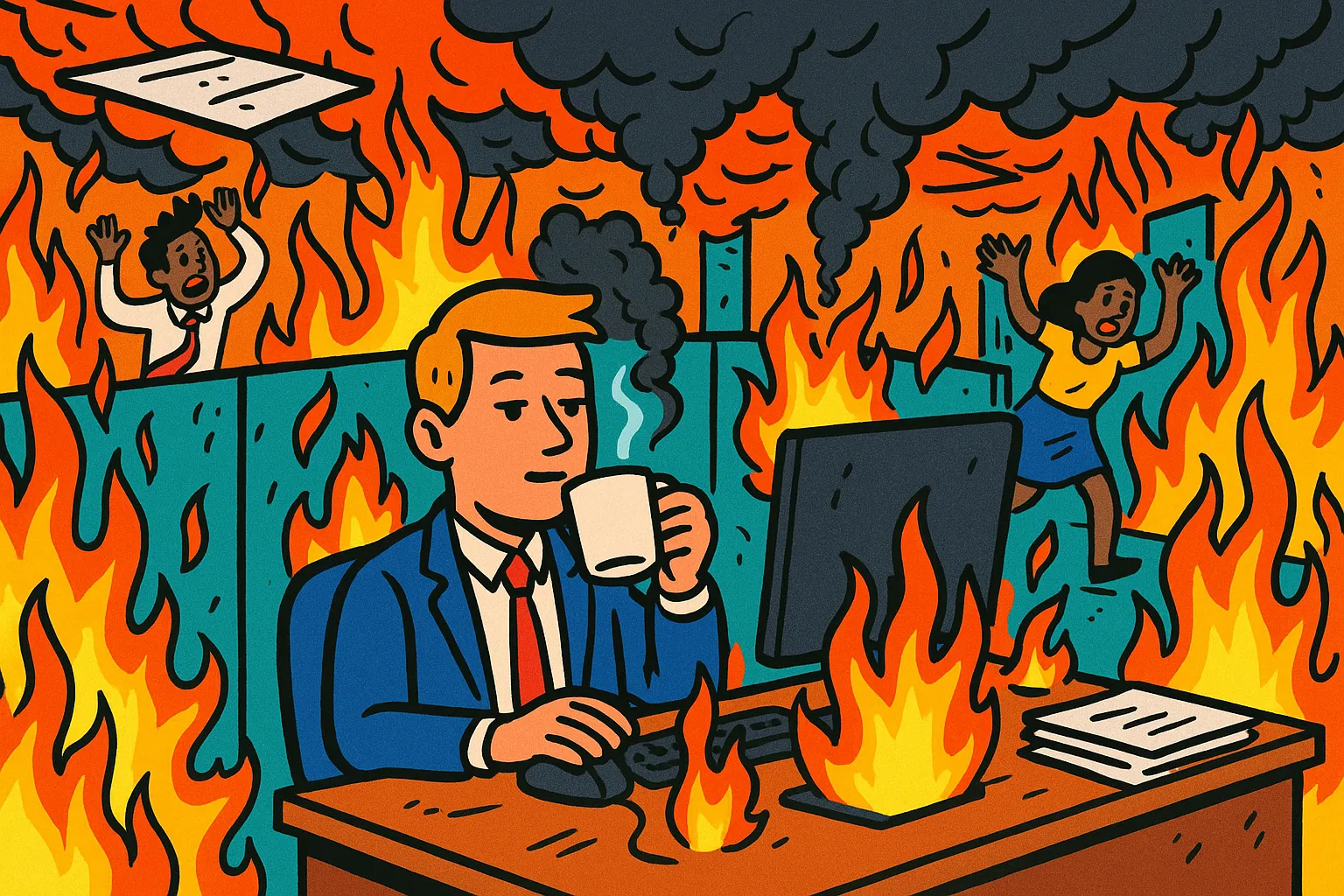 Cartoon of an office worker sitting calmly at a desk while the entire office is on fire, sipping coffee