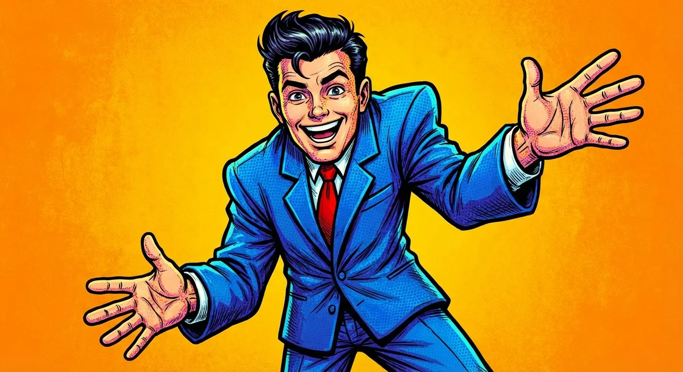 Cartoon illustration of bradeazy in a suit doing the iconic Trade Offer hand gesture, looking confident and dealmaker-like