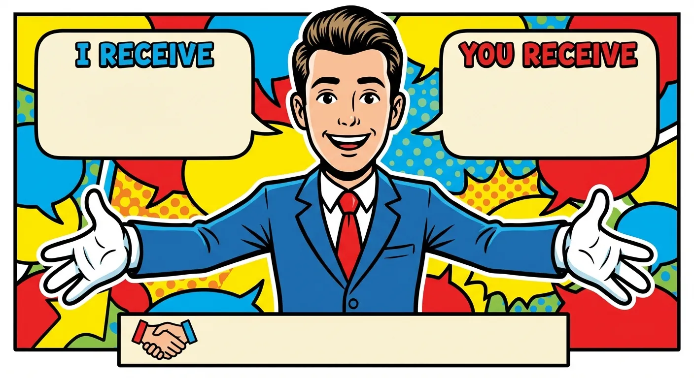 Cartoon illustration of the Trade Offer meme — a confident man in a suit with arms spread in a dealmaker pose