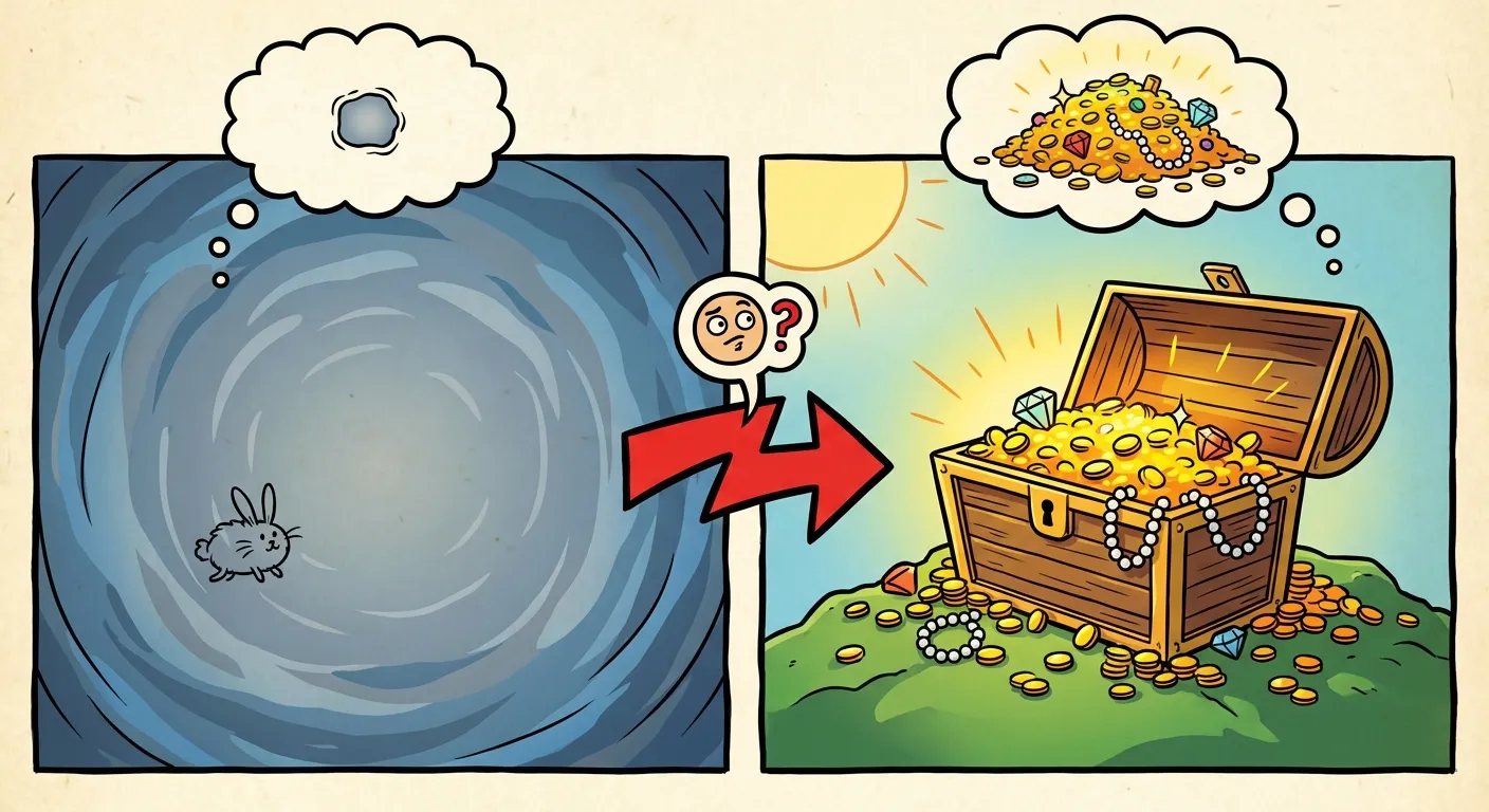 Cartoon illustration showing the concept of an unfair trade — nothing on one side versus a treasure chest on the other