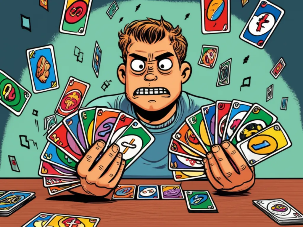 Cartoon illustration of a stressed man holding 25 UNO cards while a wild card with an impossible choice sits on the table