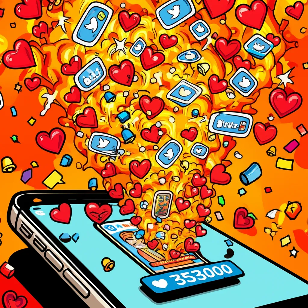 Cartoon illustration of the Draw 25 meme going viral on Twitter with hundreds of thousands of likes and retweets swirling around a phone screen