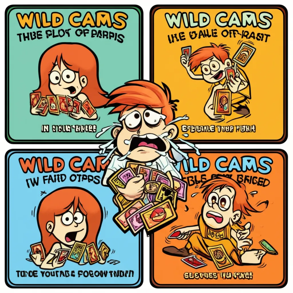 Cartoon collage of multiple UNO Draw 25 wild cards with different impossible choices and a sweating character holding too many cards