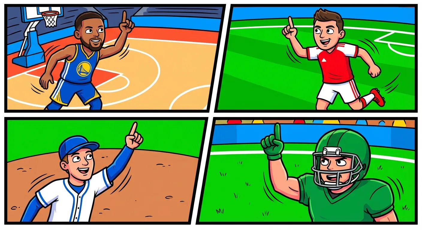 Cartoon illustration of professional athletes from multiple sports all doing the Sketch finger-up celebration pose on their respective fields and courts