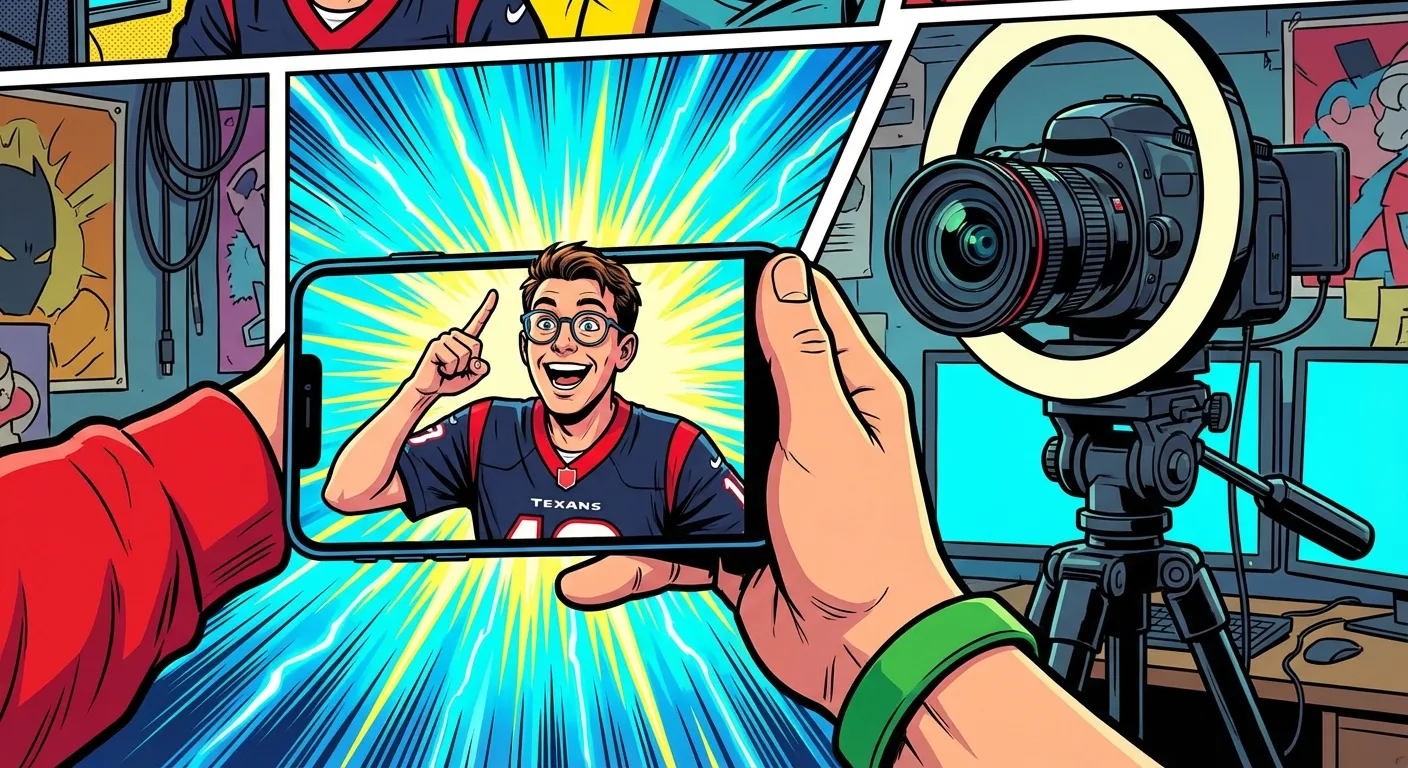 Cartoon illustration of a streamer on a FaceTime call pointing his finger up excitedly while another person holds the phone toward a streaming camera