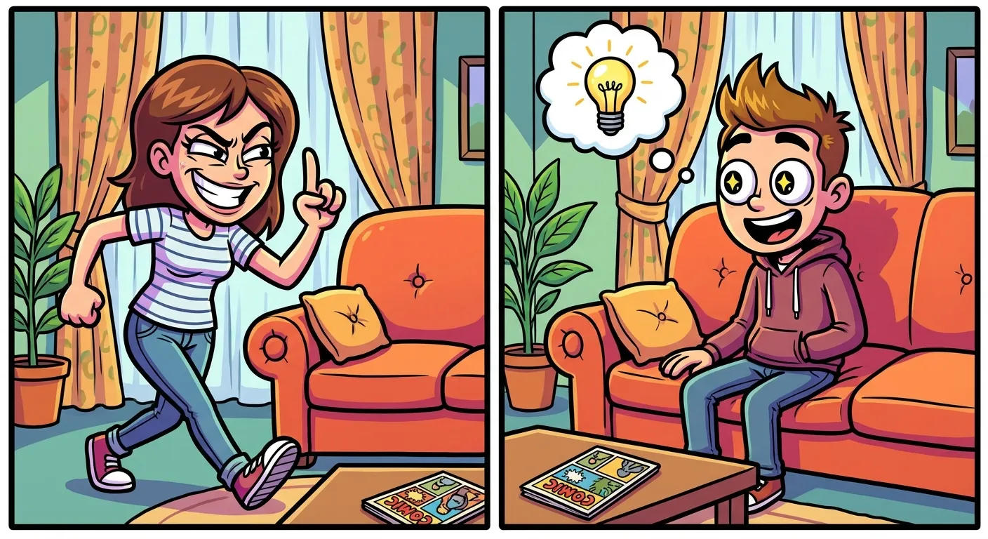 Cartoon illustration of a girlfriend approaching her boyfriend pointing her finger up with a mischievous grin, the boyfriend recognizing the meme instantly