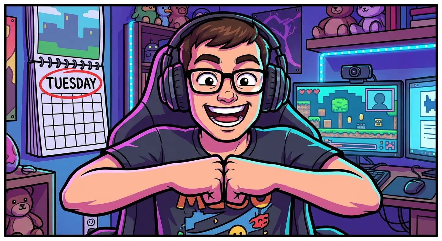 Cartoon illustration of a streamer with glasses and headphones at a gaming setup bumping his fists together, with a calendar behind him showing Tuesday circled