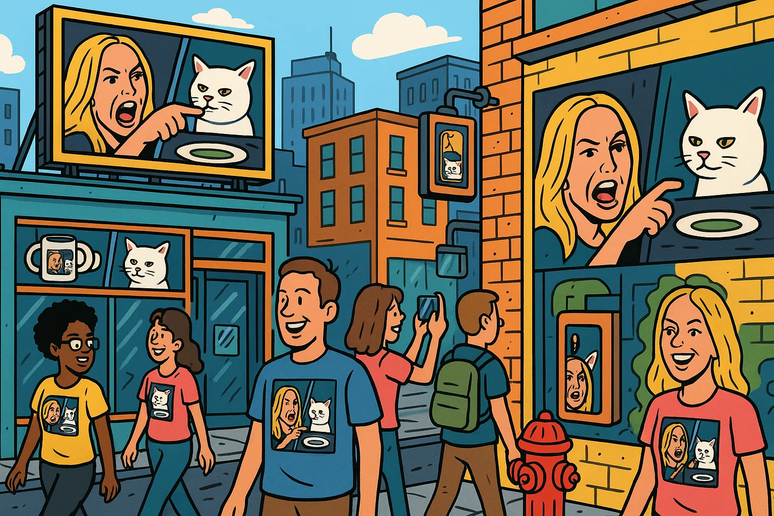 Cartoon city street with the Woman Yelling at a Cat meme on billboards, t-shirts, murals, and merchandise everywhere