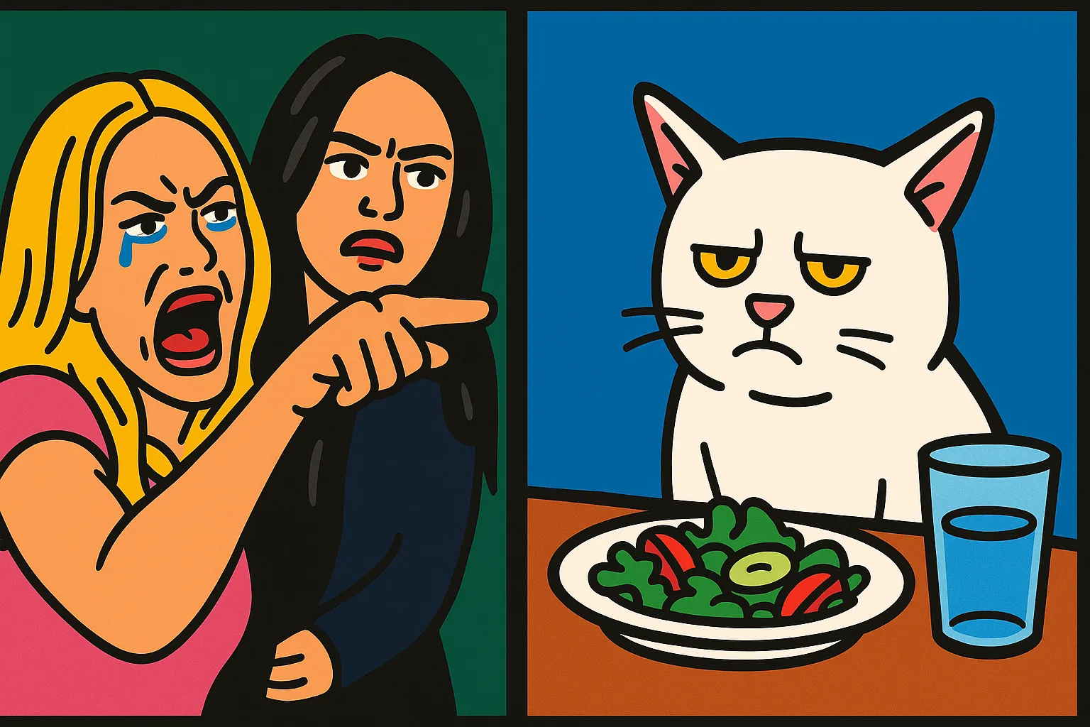 Cartoon of the iconic Woman Yelling at a Cat meme — angry woman pointing on left, confused cat at dinner table on right
