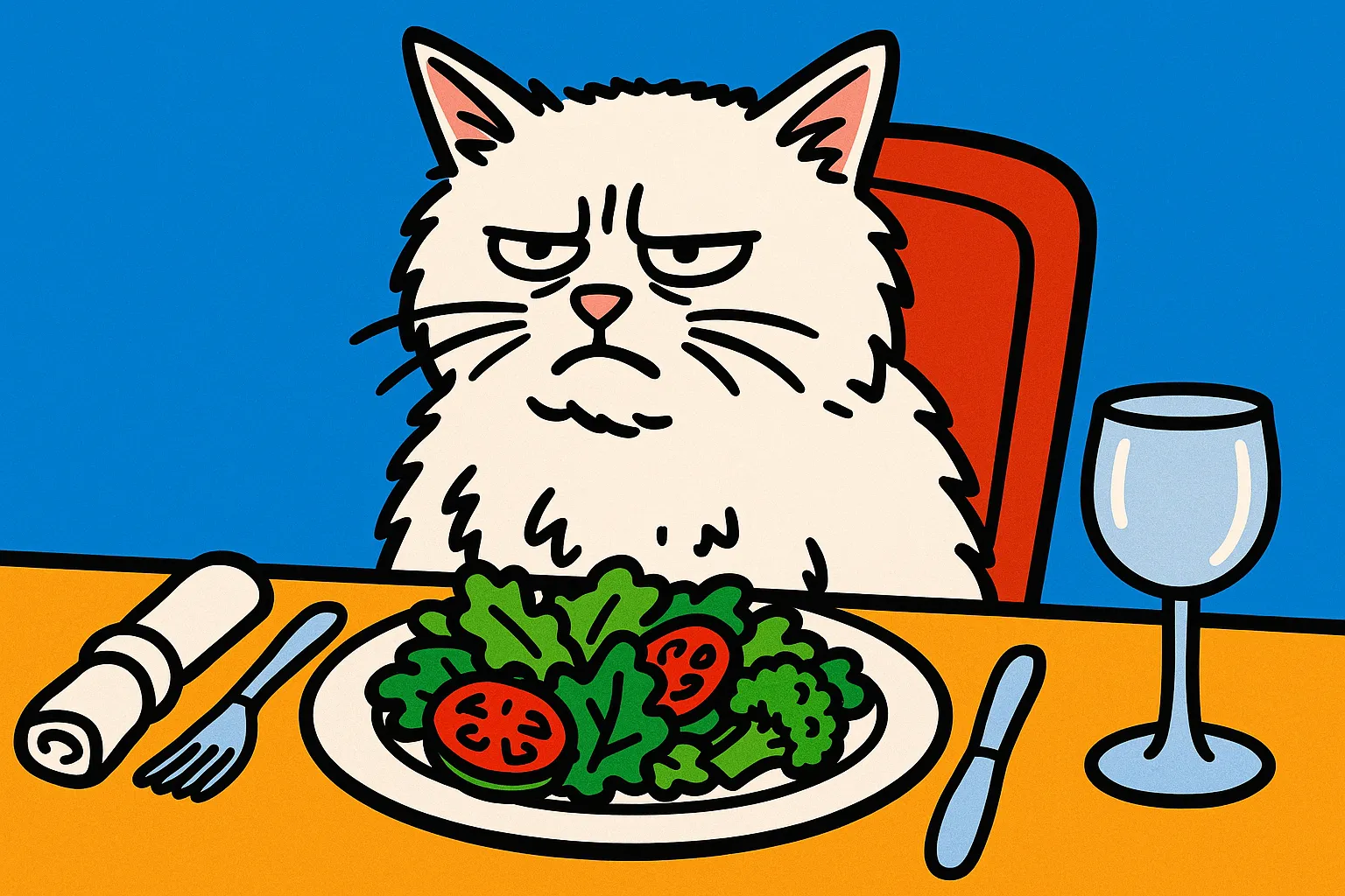 Cartoon of Smudge the cat sitting at a dinner table looking confused and disgusted at a plate of vegetables