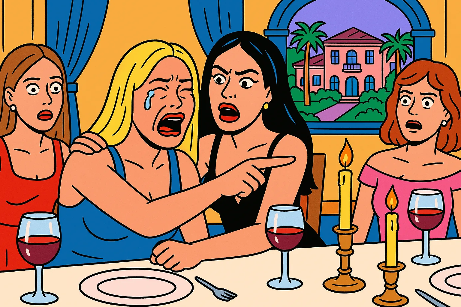Cartoon of a dramatic reality TV dinner party with a crying blonde woman pointing while another woman tries to calm her down
