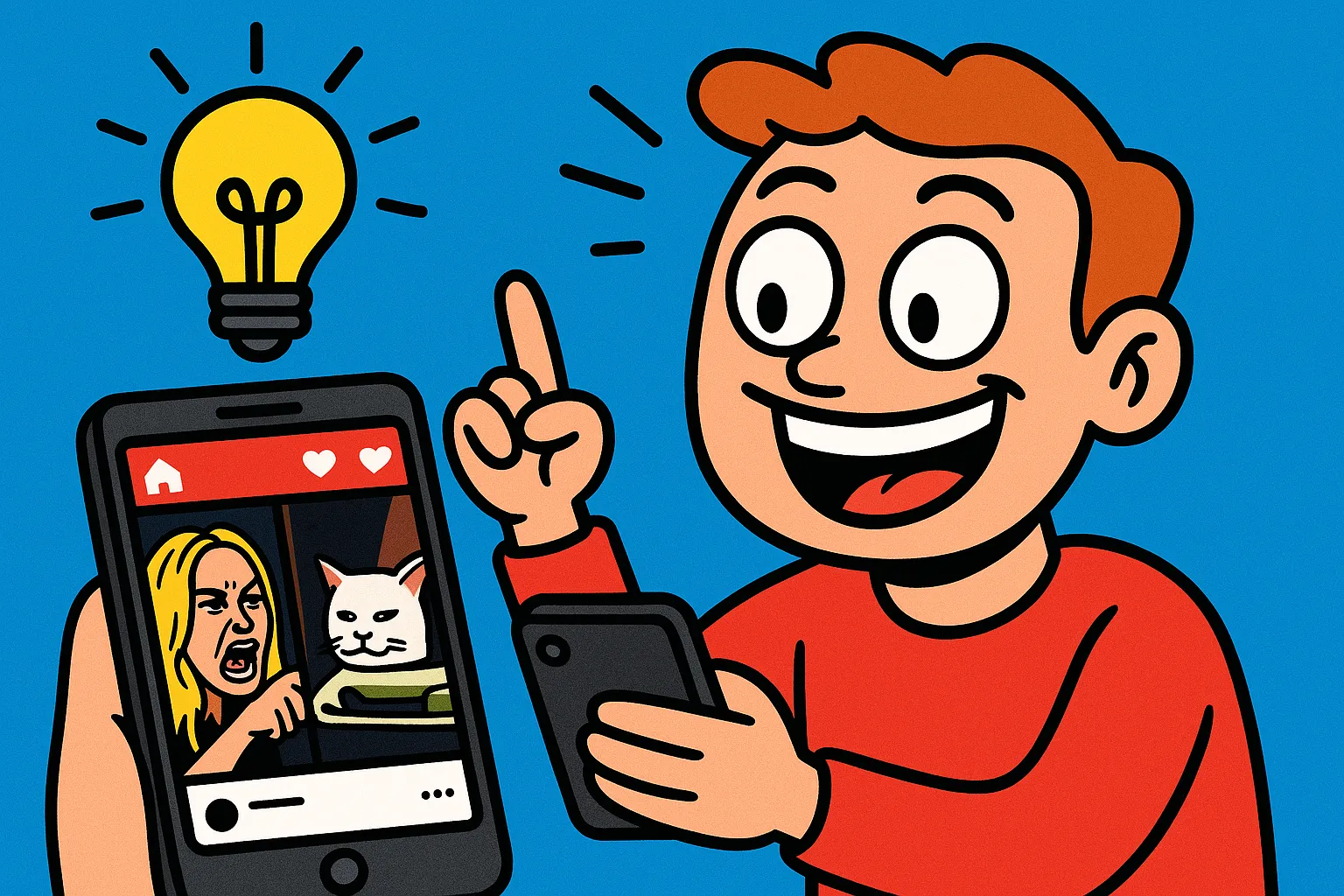 Cartoon of someone on their phone having a lightbulb moment while combining two images — an angry woman and a confused cat