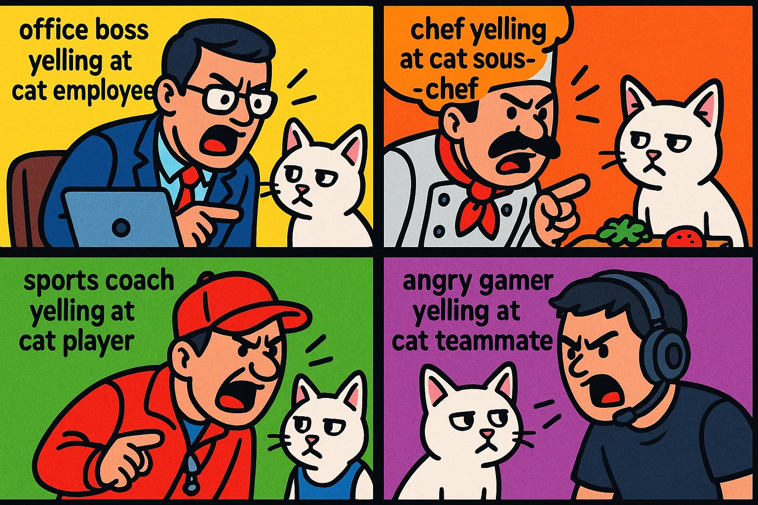 Cartoon collage showing four different themed variations of the woman yelling at cat meme — office, cooking, sports, and gaming versions
